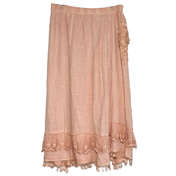 Pretty Angel Size Large Peach Layer Linen Blend Lace Skirt Boho Lagen Look - Picture 2 of 9